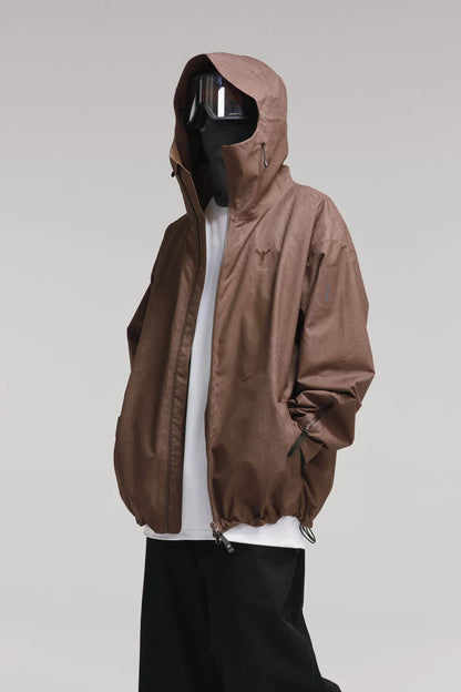 Winter Ticket dark brown leather-look ski jacket, angled view showing hood and relaxed fit