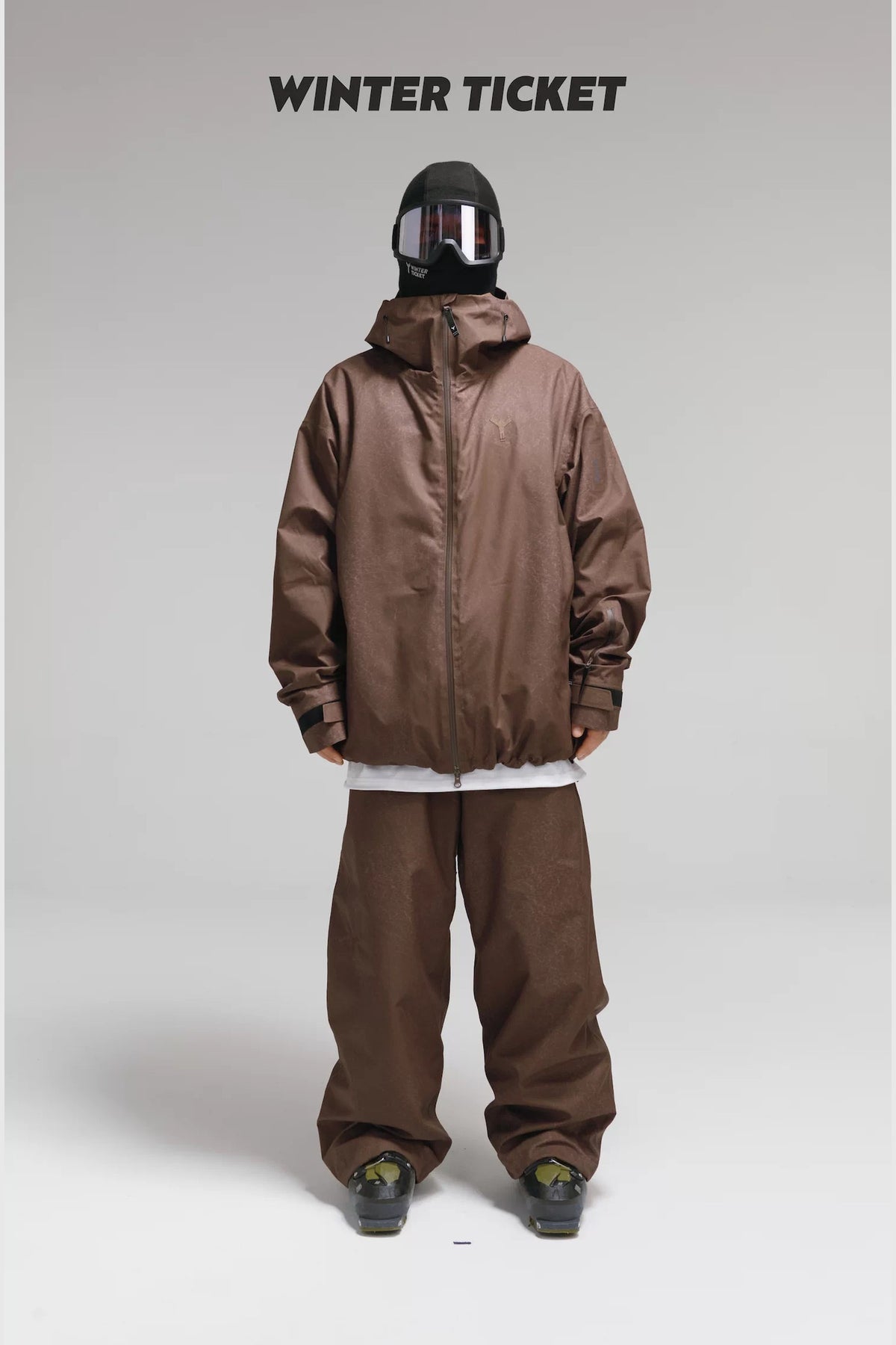 Winter Ticket dark brown leather-look snow pants styled with matching jacket, jacket sold separately