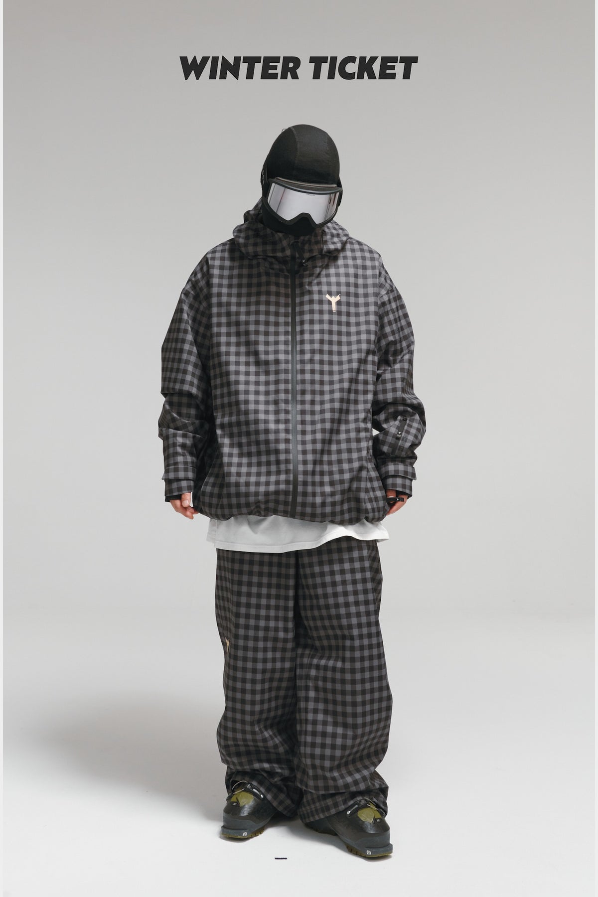 Winter Ticket black-grey plaid 3L ski jacket front view; pants and accessories sold separately