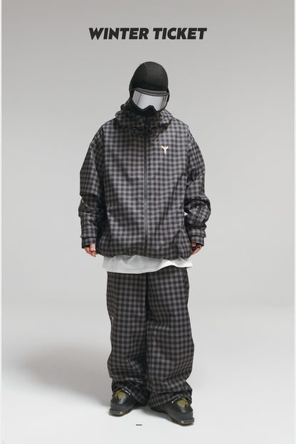 Winter Ticket black-grey plaid 3L ski jacket front view; pants and accessories sold separately
