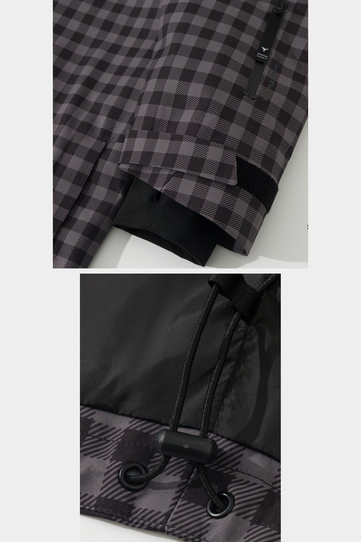 Black-grey plaid jacket sleeve pass pocket, inner snow cuff, adjustable cuff and hem drawcord