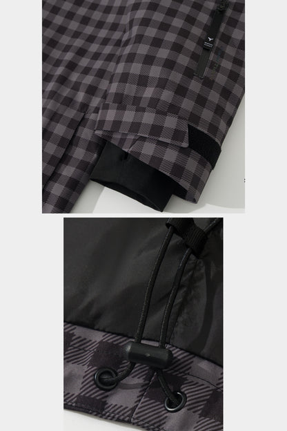 Black-grey plaid jacket sleeve pass pocket, inner snow cuff, adjustable cuff and hem drawcord