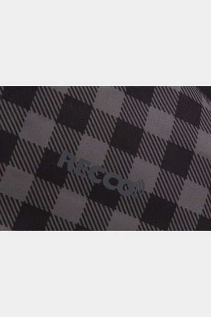 Black-grey plaid jacket fabric detail with RECCO marking