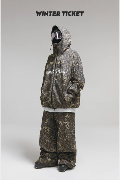 Winter Ticket leopard print 3L ski jacket, hood-up full outfit view; pants and accessories sold separately