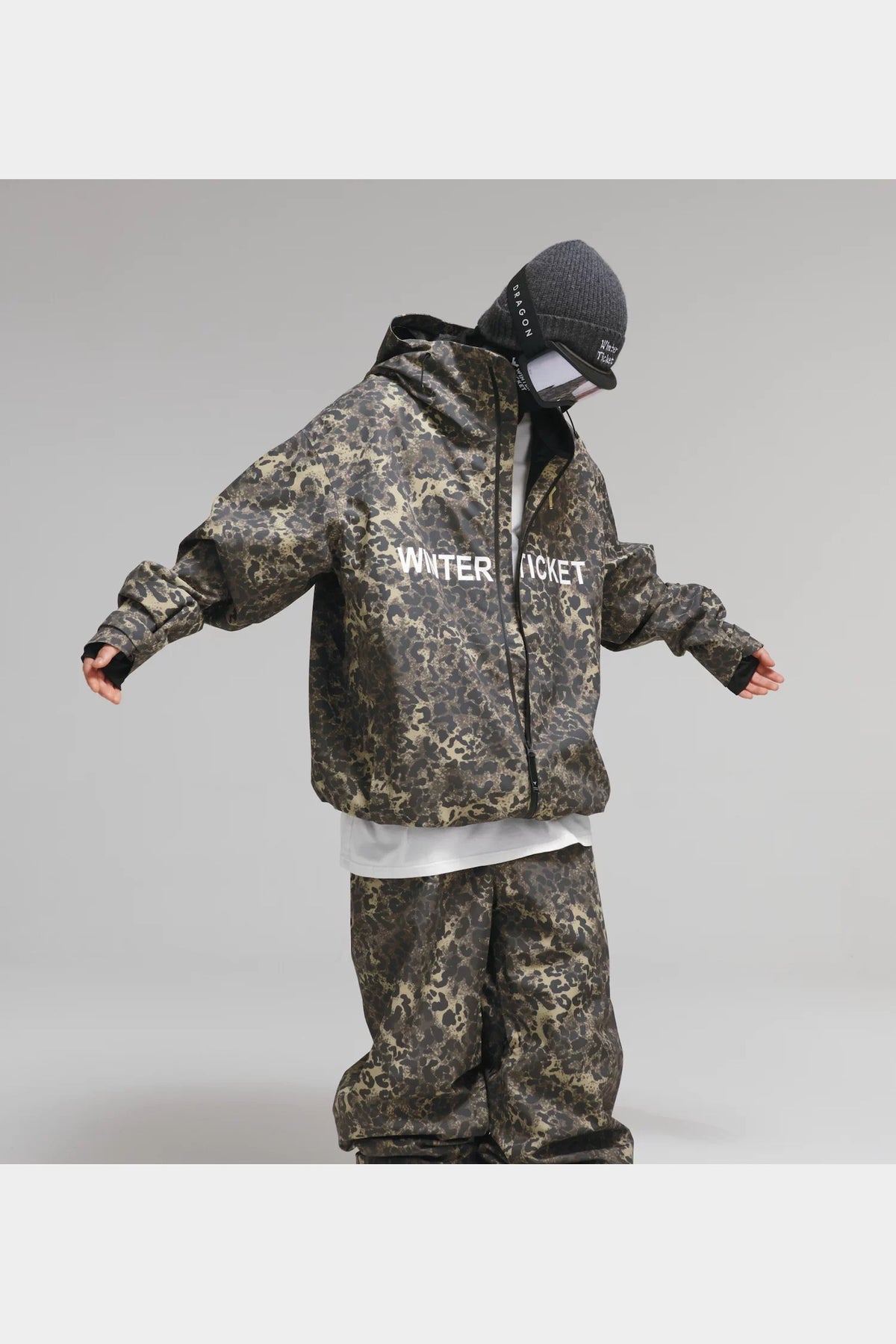 Winter Ticket leopard print ski jacket showing oversized fit, full sleeves and front zipper