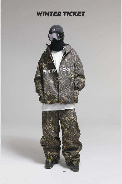 Winter Ticket Leopard Print Snow Pants styled with a matching jacket; jacket and accessories sold separately