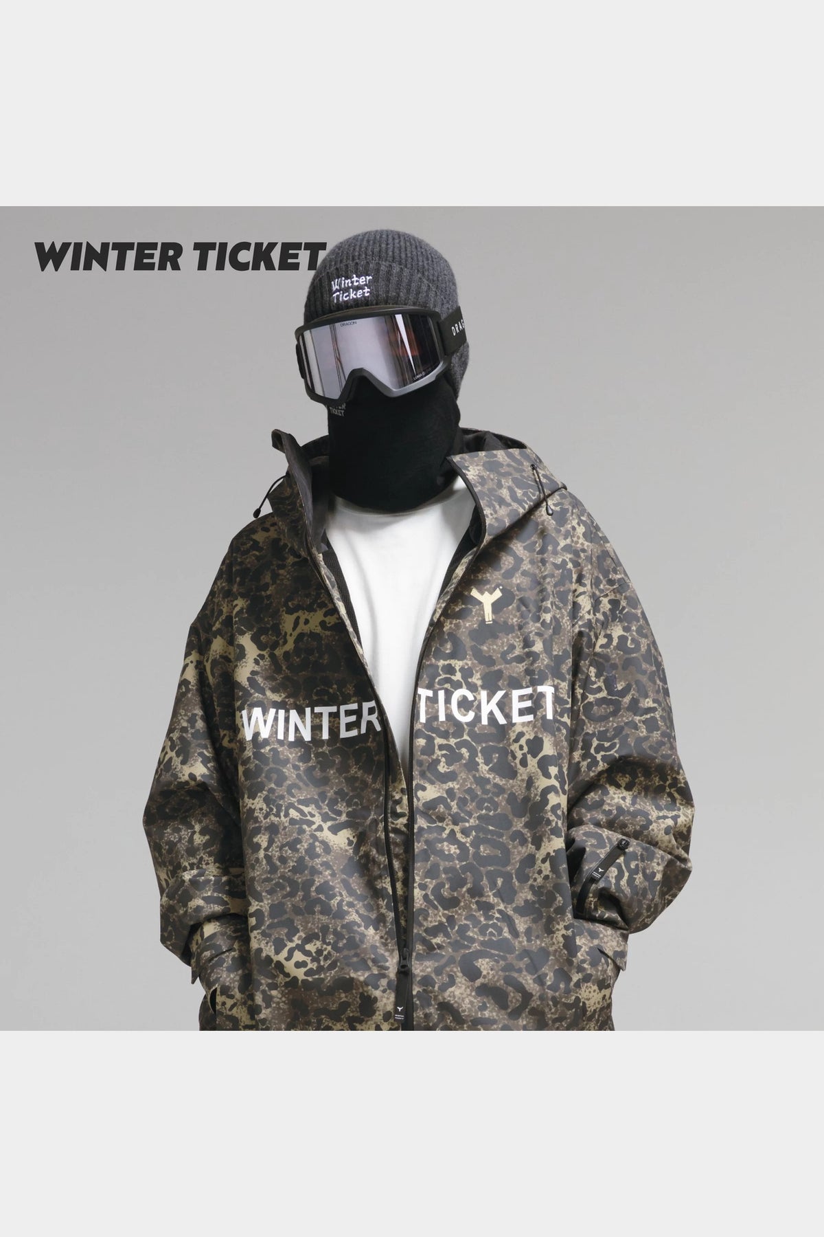 Winter Ticket leopard print jacket close-up showing hood, chest branding and sleeve pocket