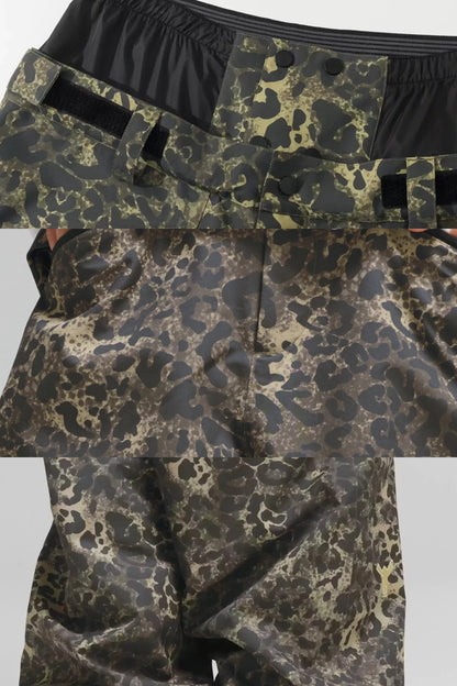 Leopard Print Snow Pants details showing adjustable waistband, front pockets and rear fabric pattern