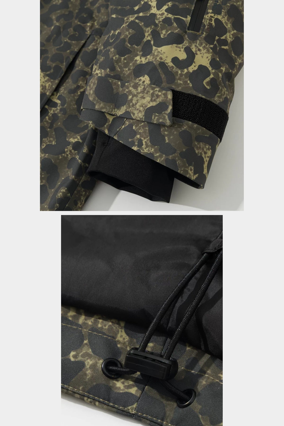 Leopard jacket adjustable cuff, inner snow cuff, sleeve pass pocket and hem drawcord details