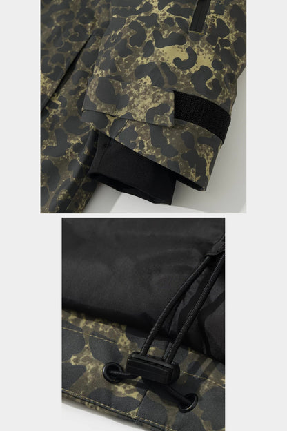 Leopard jacket adjustable cuff, inner snow cuff, sleeve pass pocket and hem drawcord details