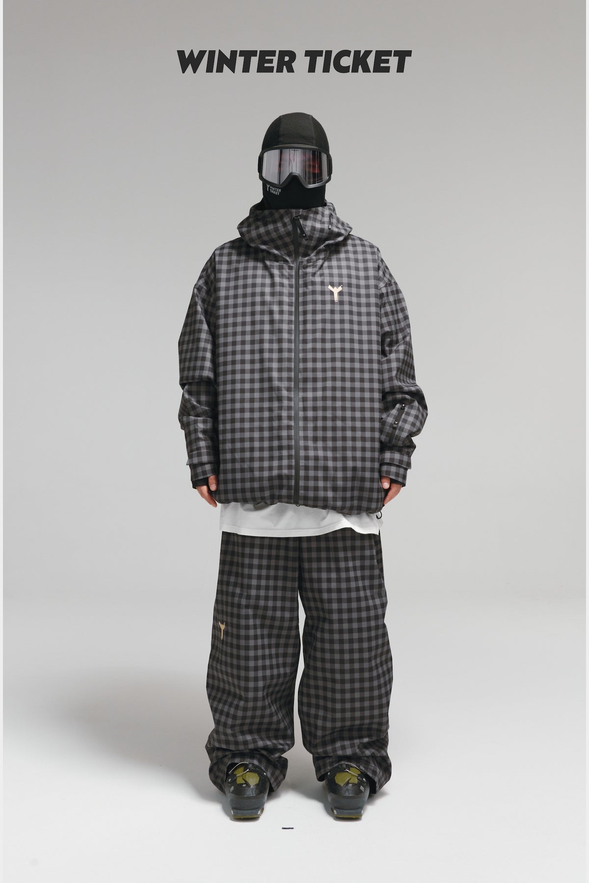 Black-grey plaid Winter Ticket snow pants with matching jacket; jacket and accessories sold separately