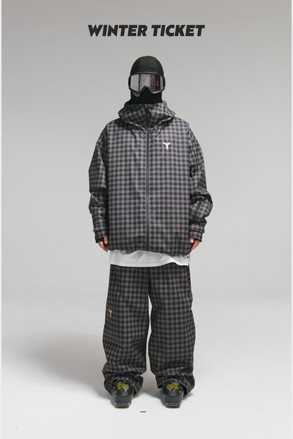 Black-grey plaid Winter Ticket snow pants with matching jacket; jacket and accessories sold separately