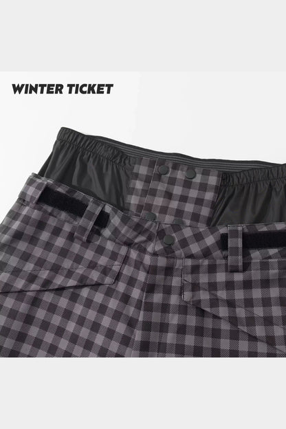 Black-grey plaid snow pants adjustable waist tabs, belt loops, snaps and inner waist panel
