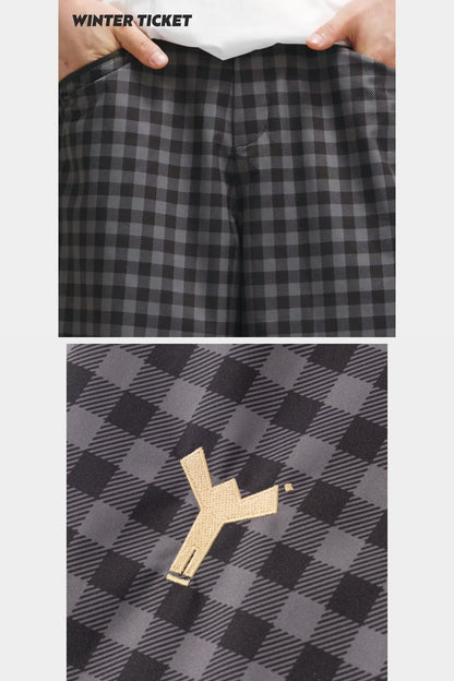 Black-grey plaid snow pants front pockets and fabric detail with embroidered Winter Ticket logo