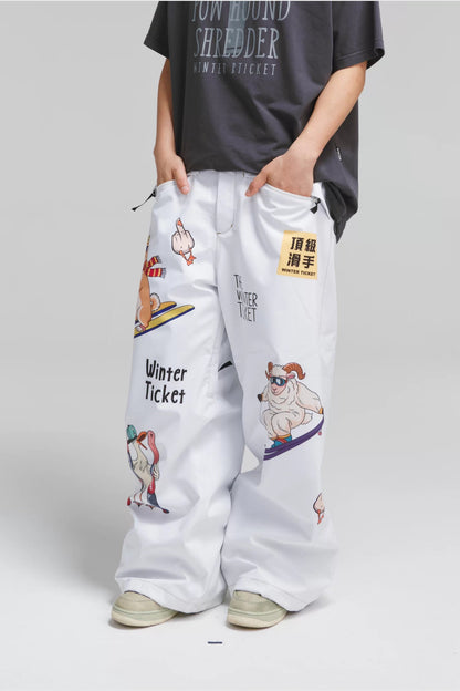 Winter Ticket Freestyle Oversize Side Project Snow Pants in white, angled front view with colourful skiing-animal graphics