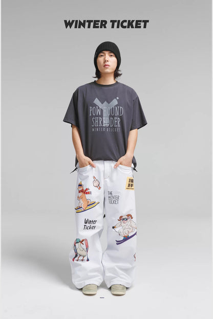 Winter Ticket Side Project Snow Pants styled on a model, showing the full oversized silhouette; top and accessories not included
