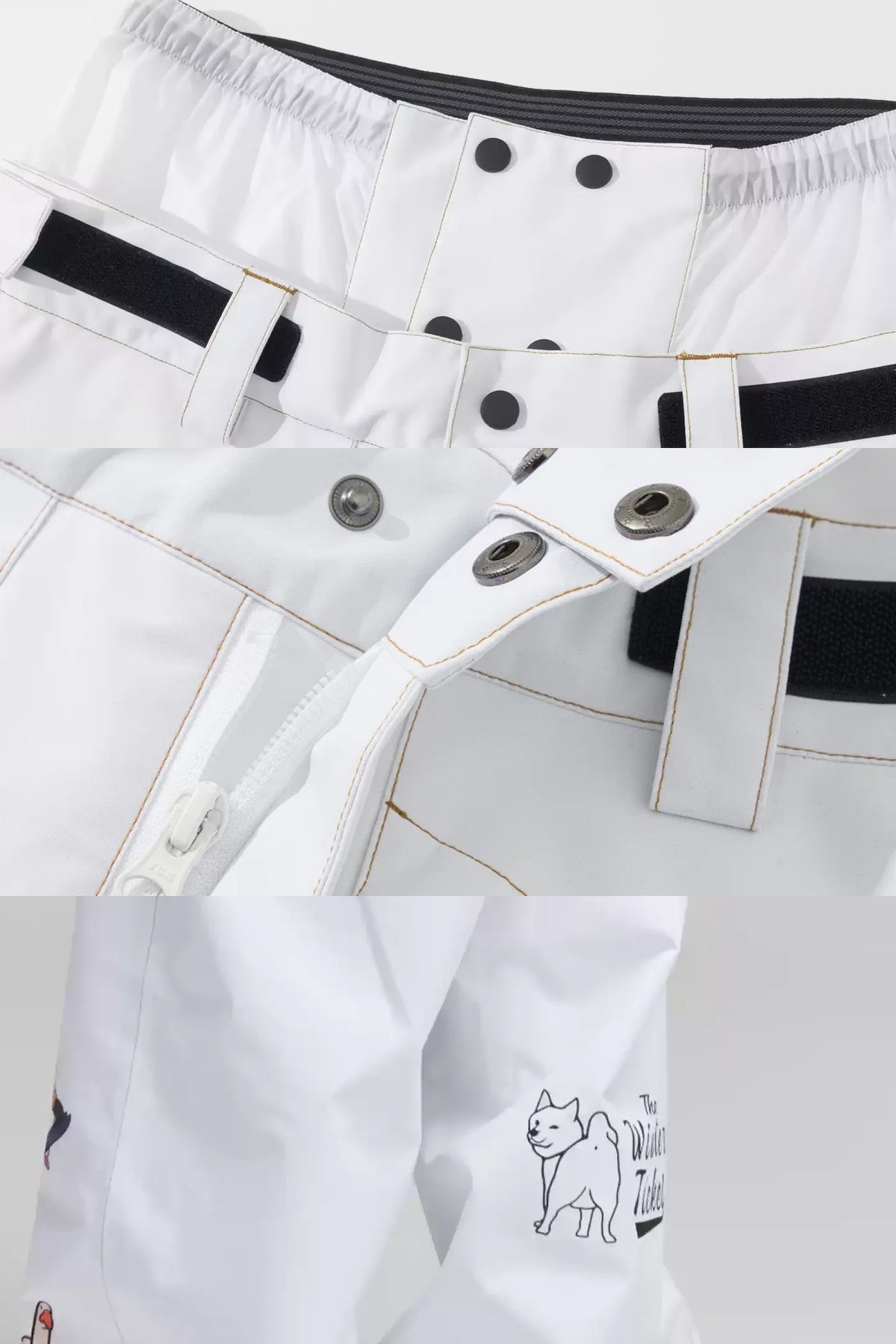 Side Project Snow Pants details: adjustable waist, YKK zipper and snap fly, and rear cat graphic