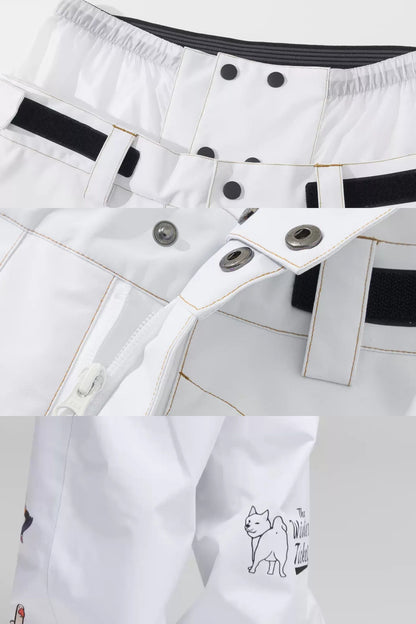 Side Project Snow Pants details: adjustable waist, YKK zipper and snap fly, and rear cat graphic