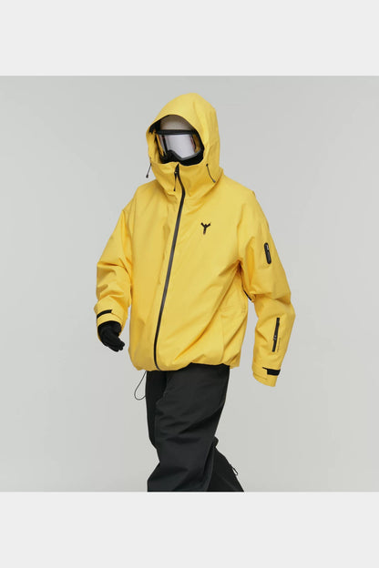 Winter Ticket sunshine yellow jacket angled view showing oversized fit, hood and sleeve pocket