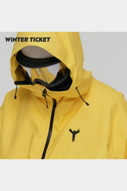 Sunshine yellow Winter Ticket jacket hood and chest logo close-up