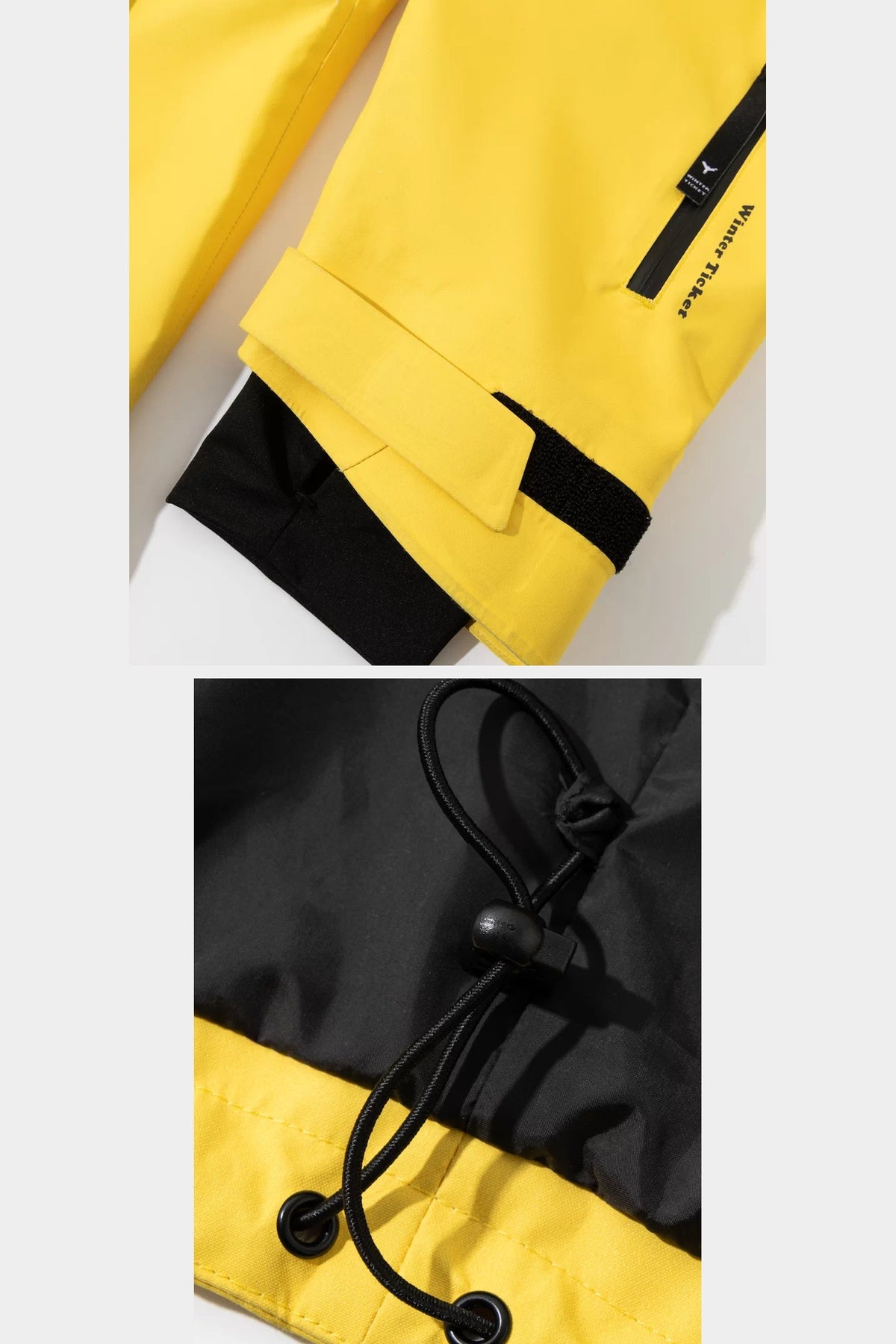 Yellow jacket sleeve pass pocket, adjustable cuff, inner snow cuff and hem drawcord
